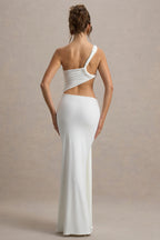 One Shoulder Ruched Bodice Waist Cut Out Knotted Hip Draped Maxi Gown