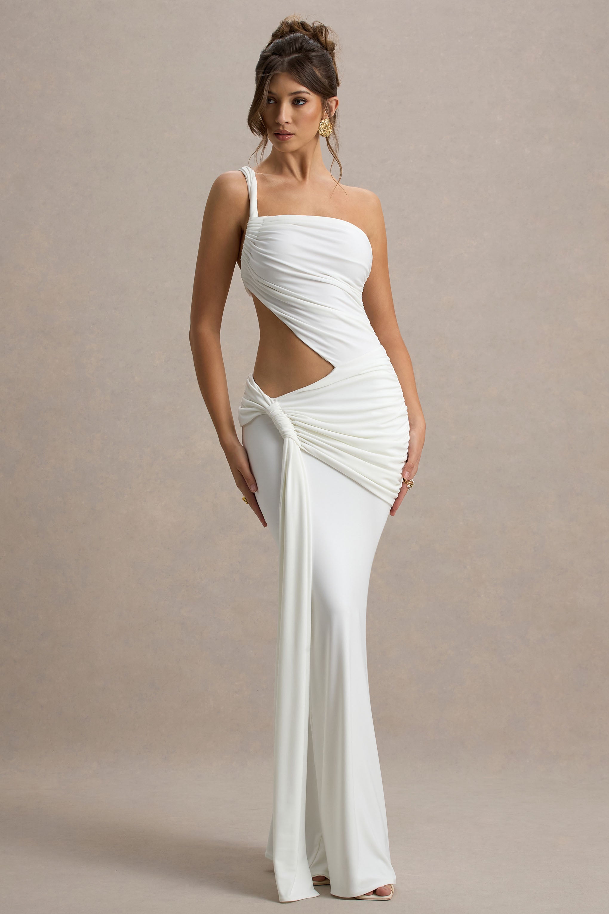One Shoulder Ruched Bodice Waist Cut Out Knotted Hip Draped Maxi Gown