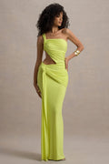 One Shoulder Ruched Bodice Waist Cut Out Knotted Hip Draped Maxi Gown