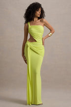 One Shoulder Ruched Bodice Waist Cut Out Knotted Hip Draped Maxi Gown