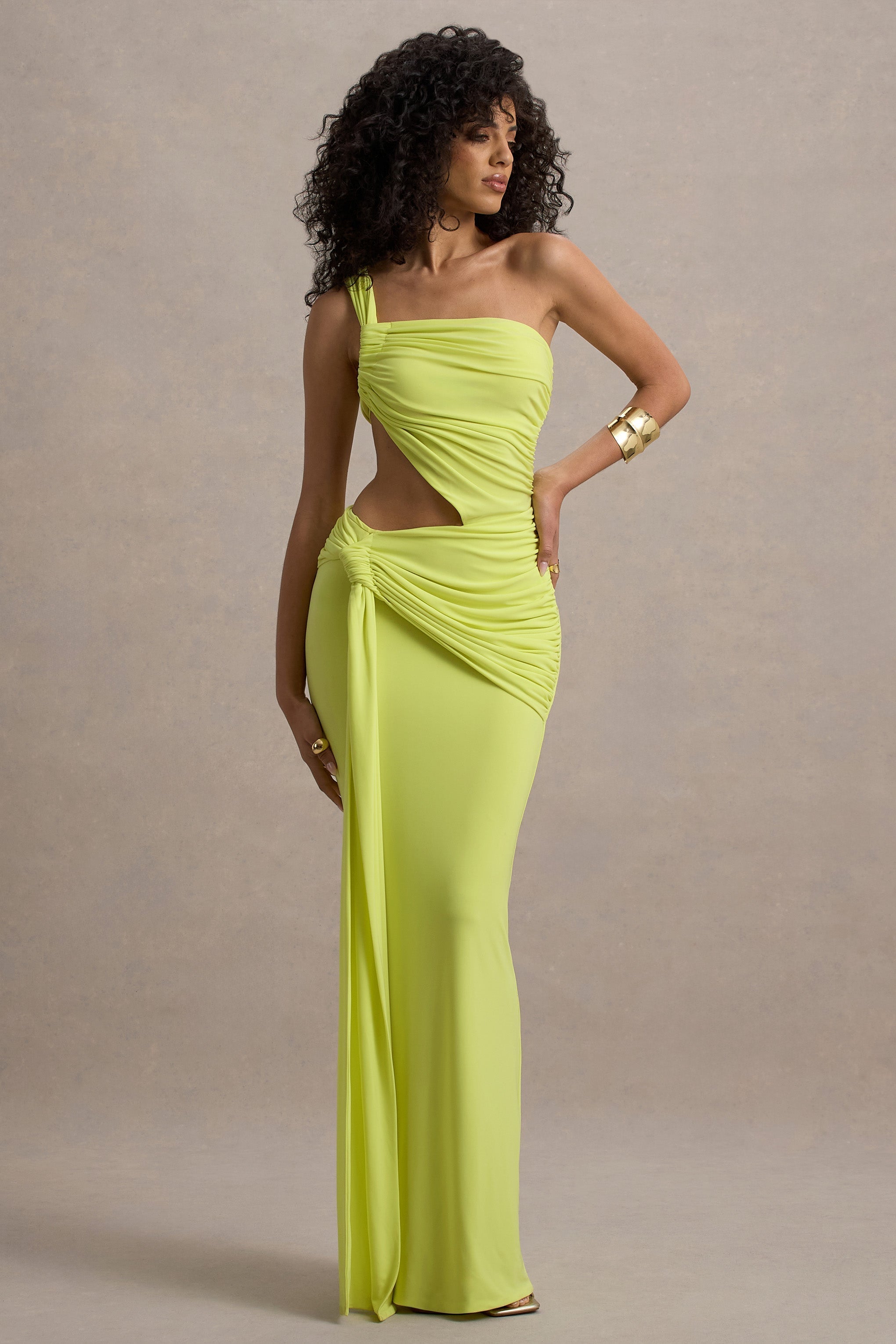 One Shoulder Ruched Bodice Waist Cut Out Knotted Hip Draped Maxi Gown