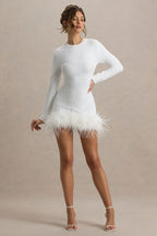 Sequin Long Sleeve Crew Neck Feather Hem Bodycon Mini Dress