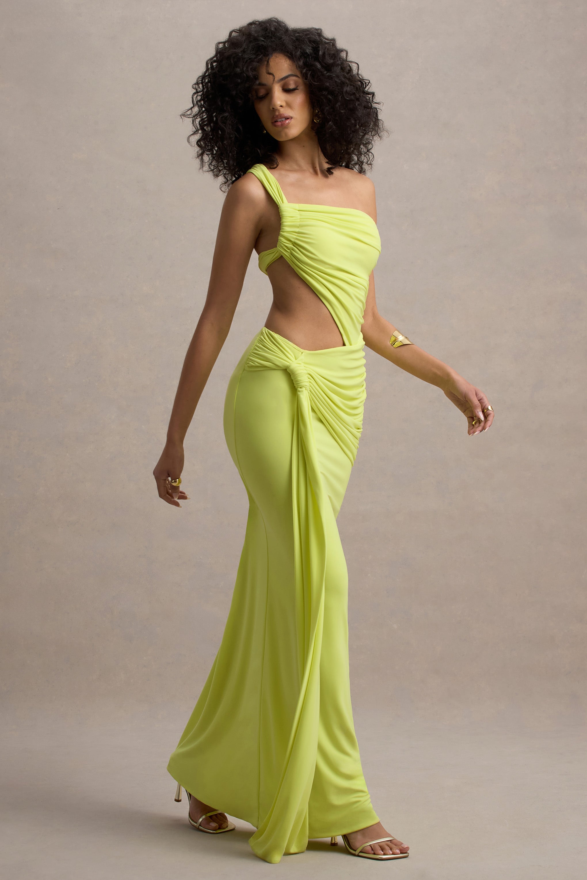 One Shoulder Ruched Bodice Waist Cut Out Knotted Hip Draped Maxi Gown