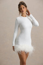 Sequin Long Sleeve Crew Neck Feather Hem Bodycon Mini Dress