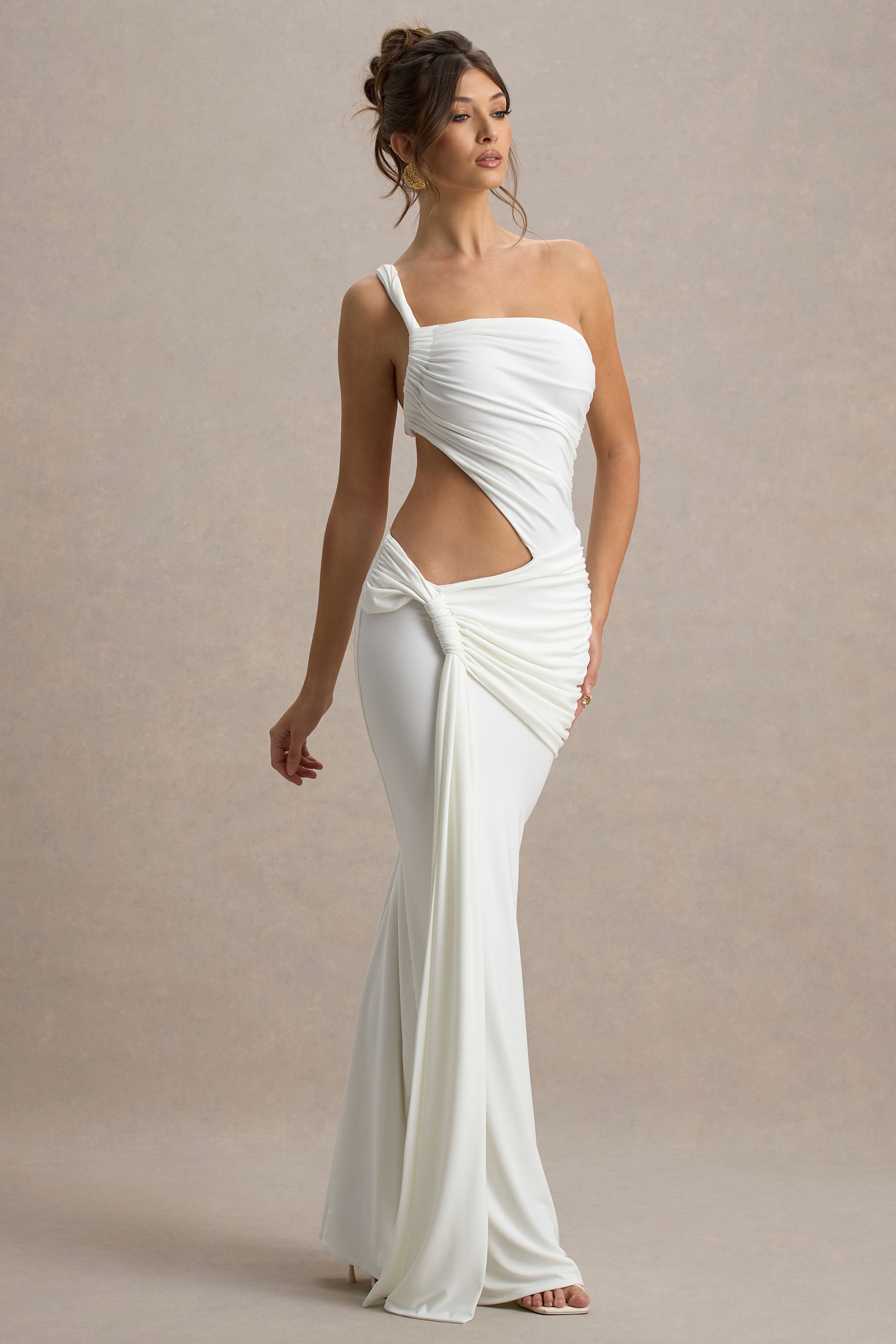 One Shoulder Ruched Bodice Waist Cut Out Knotted Hip Draped Maxi Gown