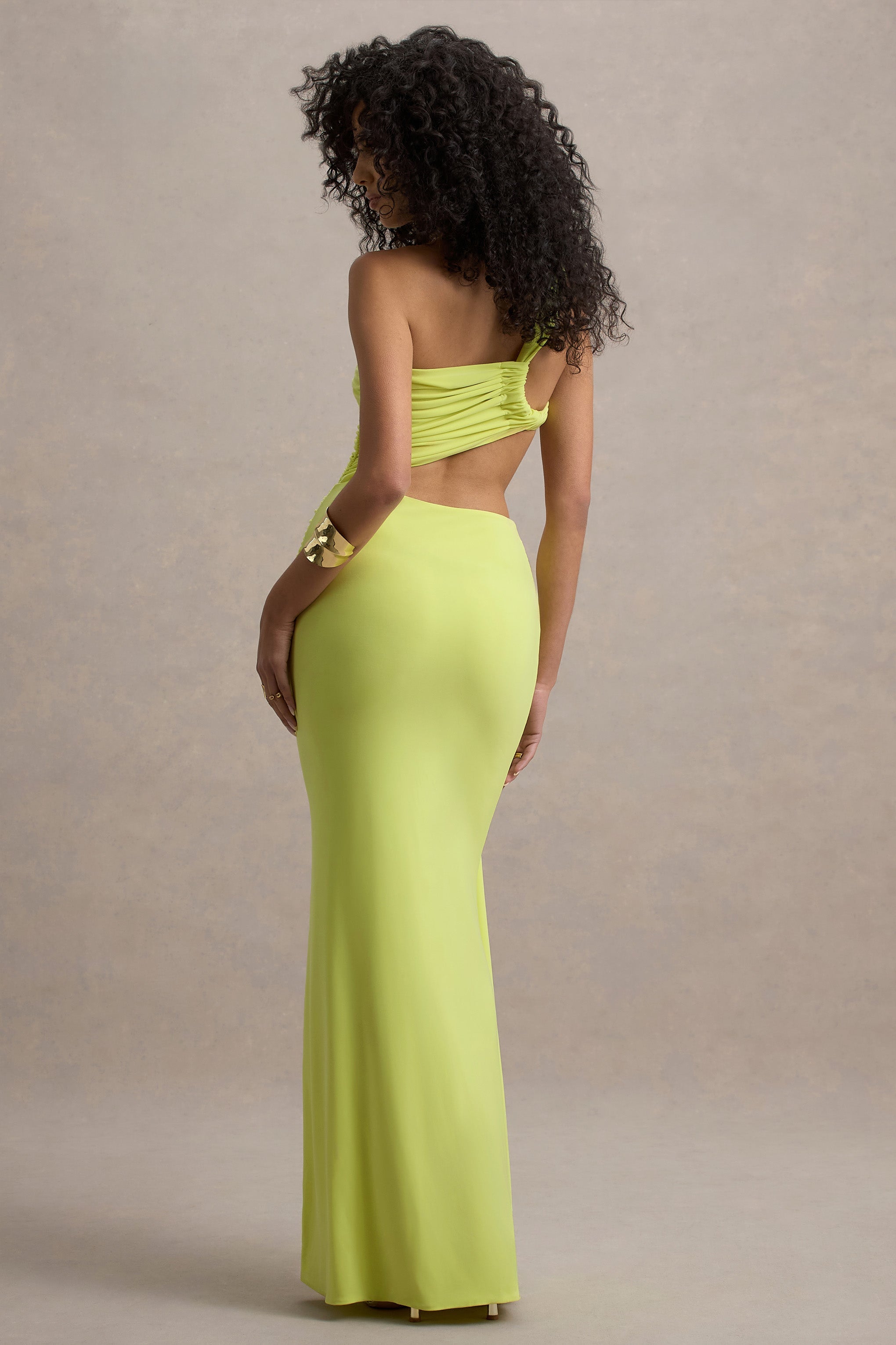One Shoulder Ruched Bodice Waist Cut Out Knotted Hip Draped Maxi Gown