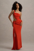 One Shoulder Ruched Bodice Waist Cut Out Knotted Hip Draped Maxi Gown