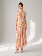 Date Night Dresses Maxi Asymmetrical Pleated Ruffles Sleeveless Floral Print Halter Elegant Dress