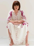 V Collar Embroidery Oversized Casual Cotton Boho Dress