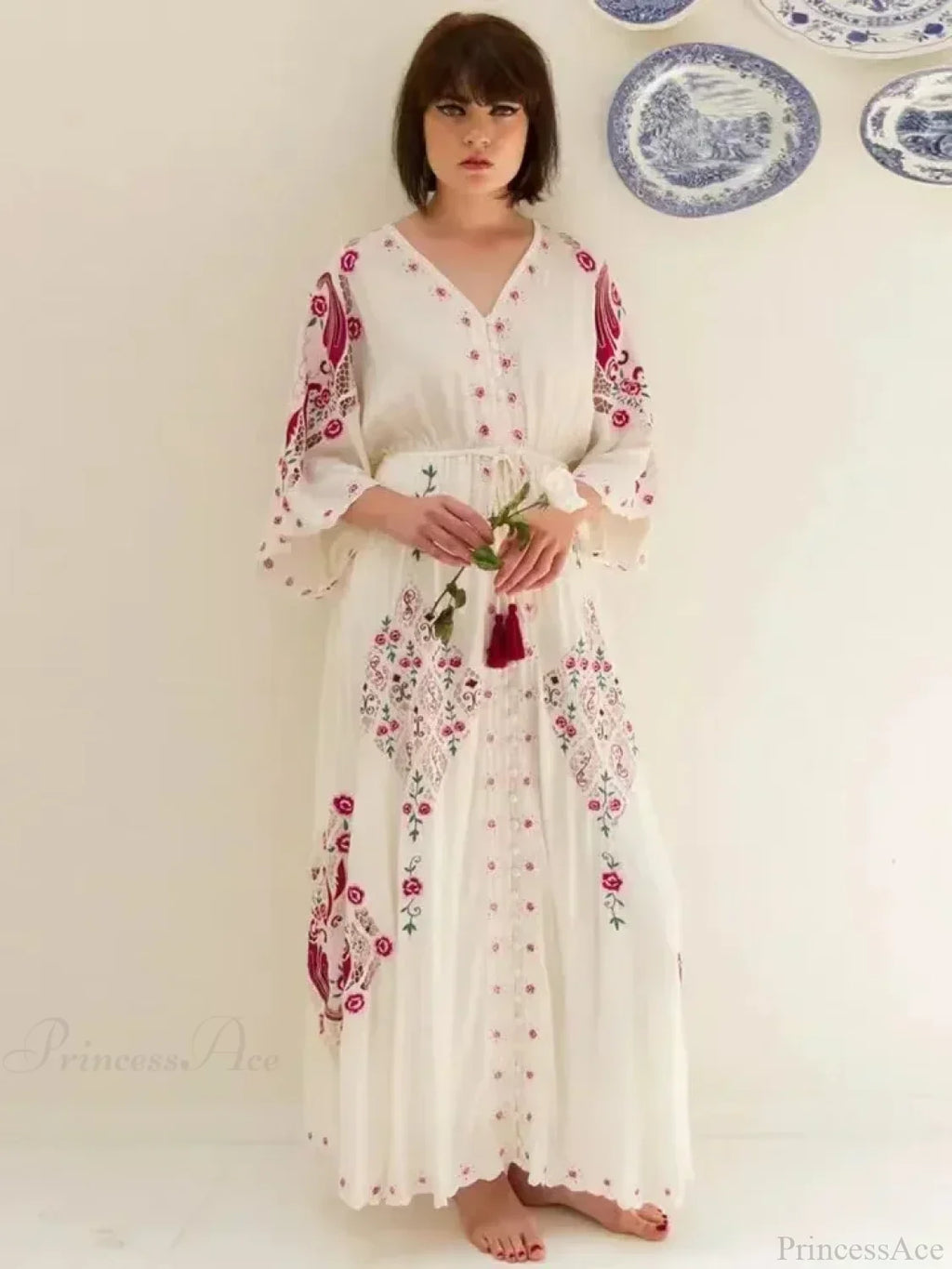 V Collar Embroidery Oversized Casual Cotton Boho Dress