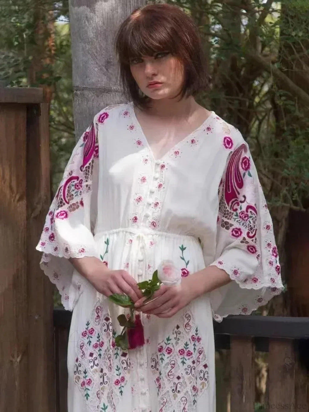 V Collar Embroidery Oversized Casual Cotton Boho Dress