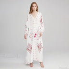 V Collar Embroidery Oversized Casual Cotton Boho Dress