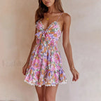 Aspicture V-Neck Bowknot Mini Floral Dress