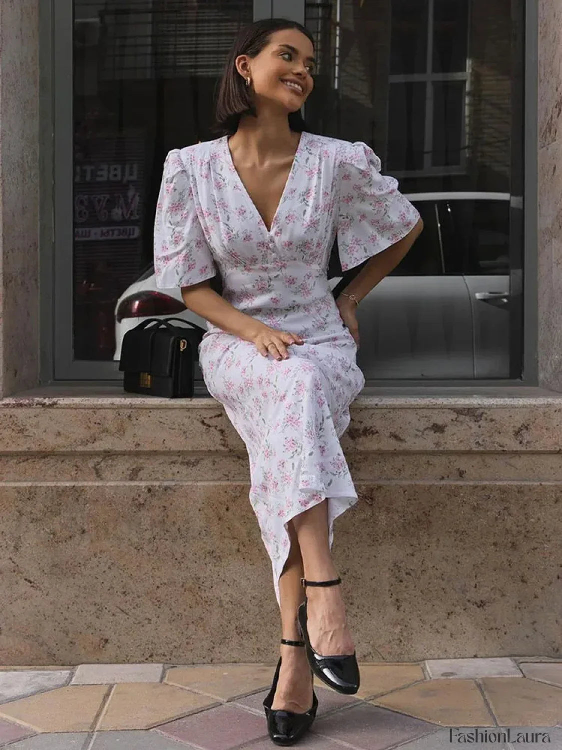 V-Neck Contrast Floral Dress