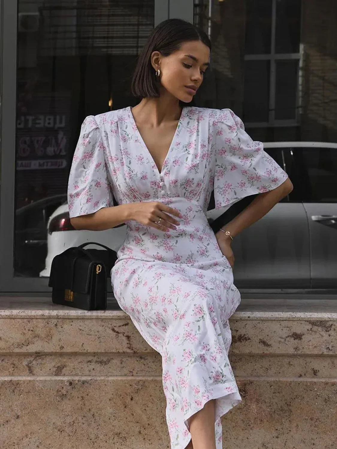 V-Neck Contrast Floral Dress