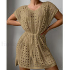 V-Neck Drawstring Slit Dress Cover Up