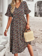 V-neck Elegant Floral Print A-line Holiday Dress