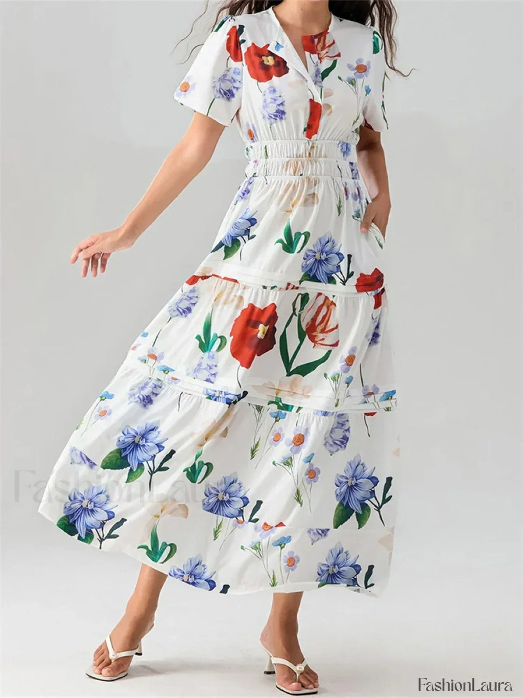 V-Neck Flare Sleeve Pocket Maxi Dress