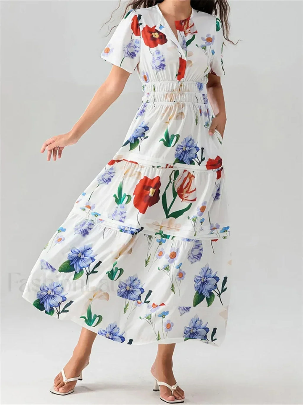 V-Neck Flare Sleeve Pocket Maxi Dress