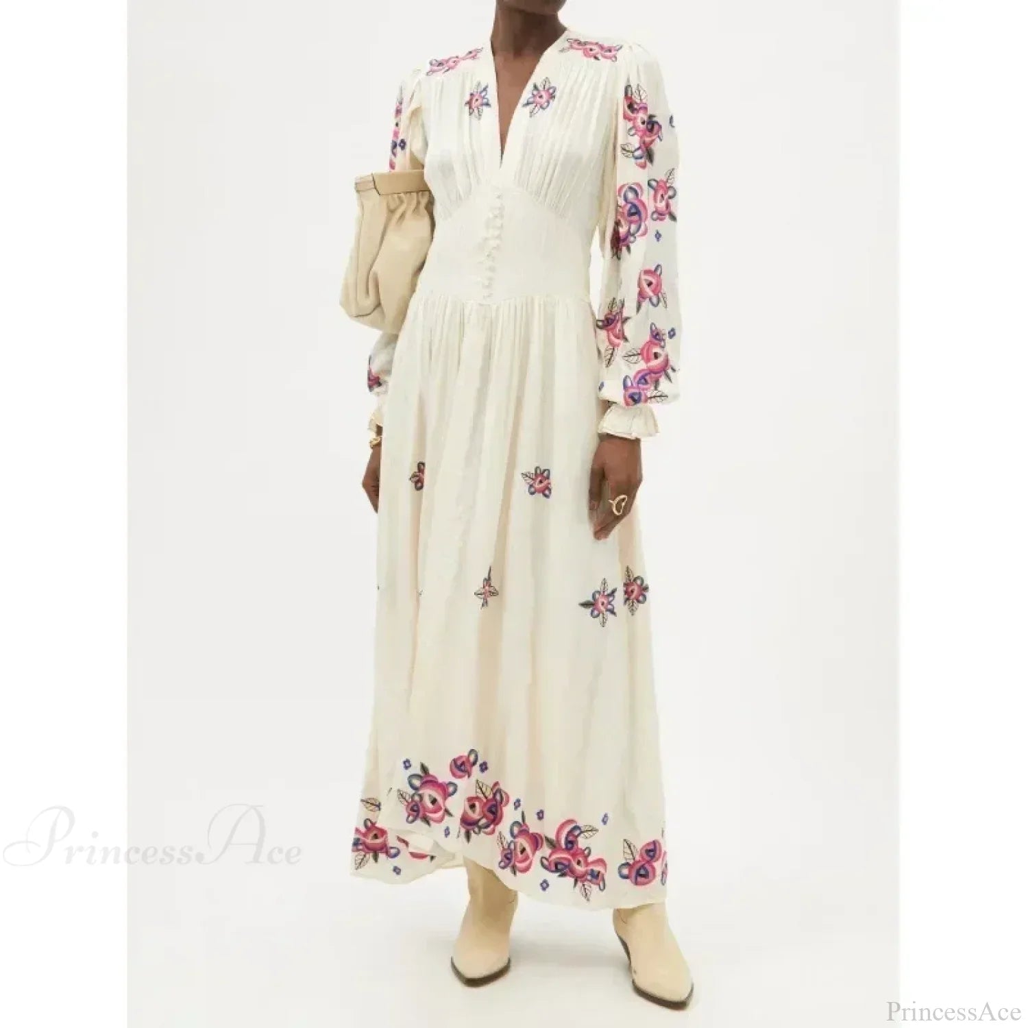 V-neck Floral A-line Lantern Sleeve Cotton Boho Dress
