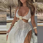 V Neck Hollow Knitted Beach Dress Bikini Set