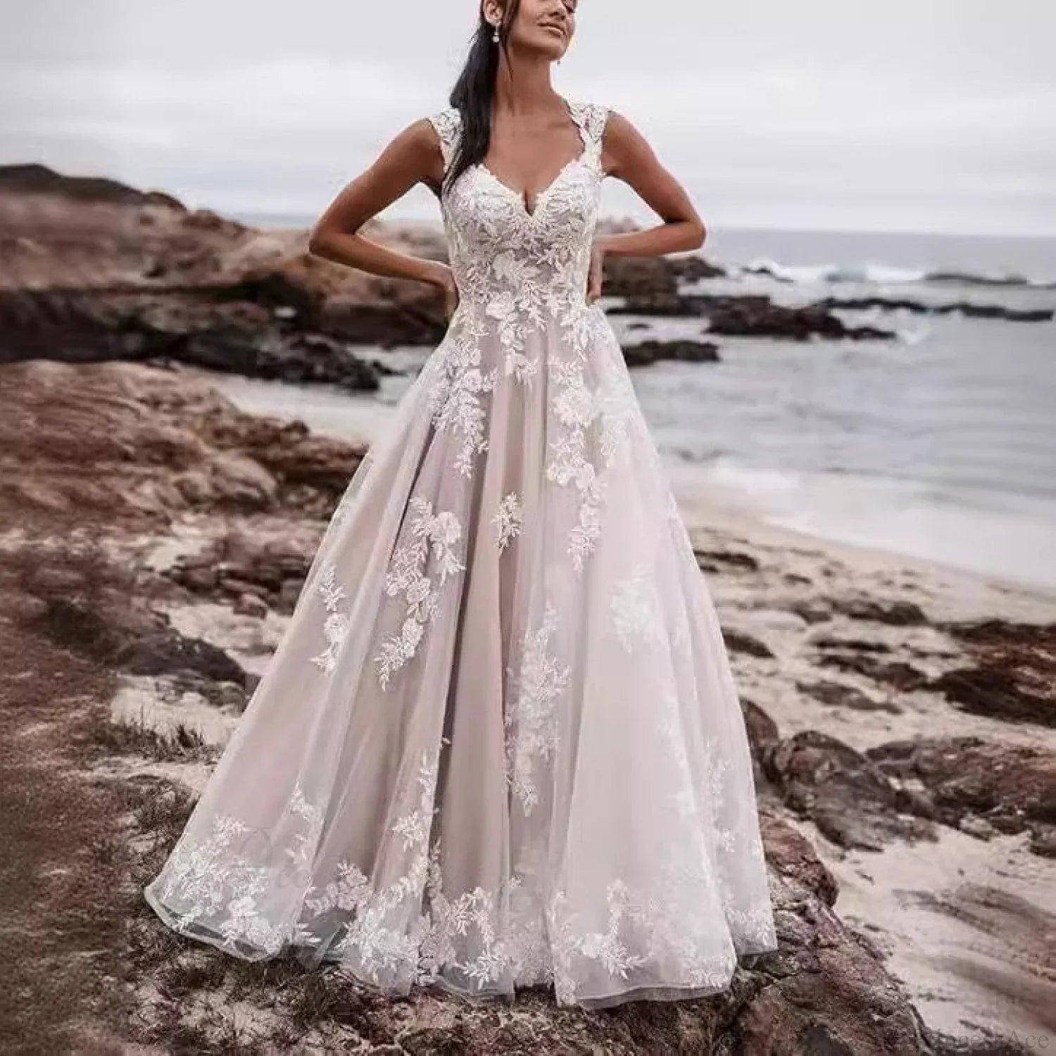 V-Neck Lace A-Line Wedding Dress