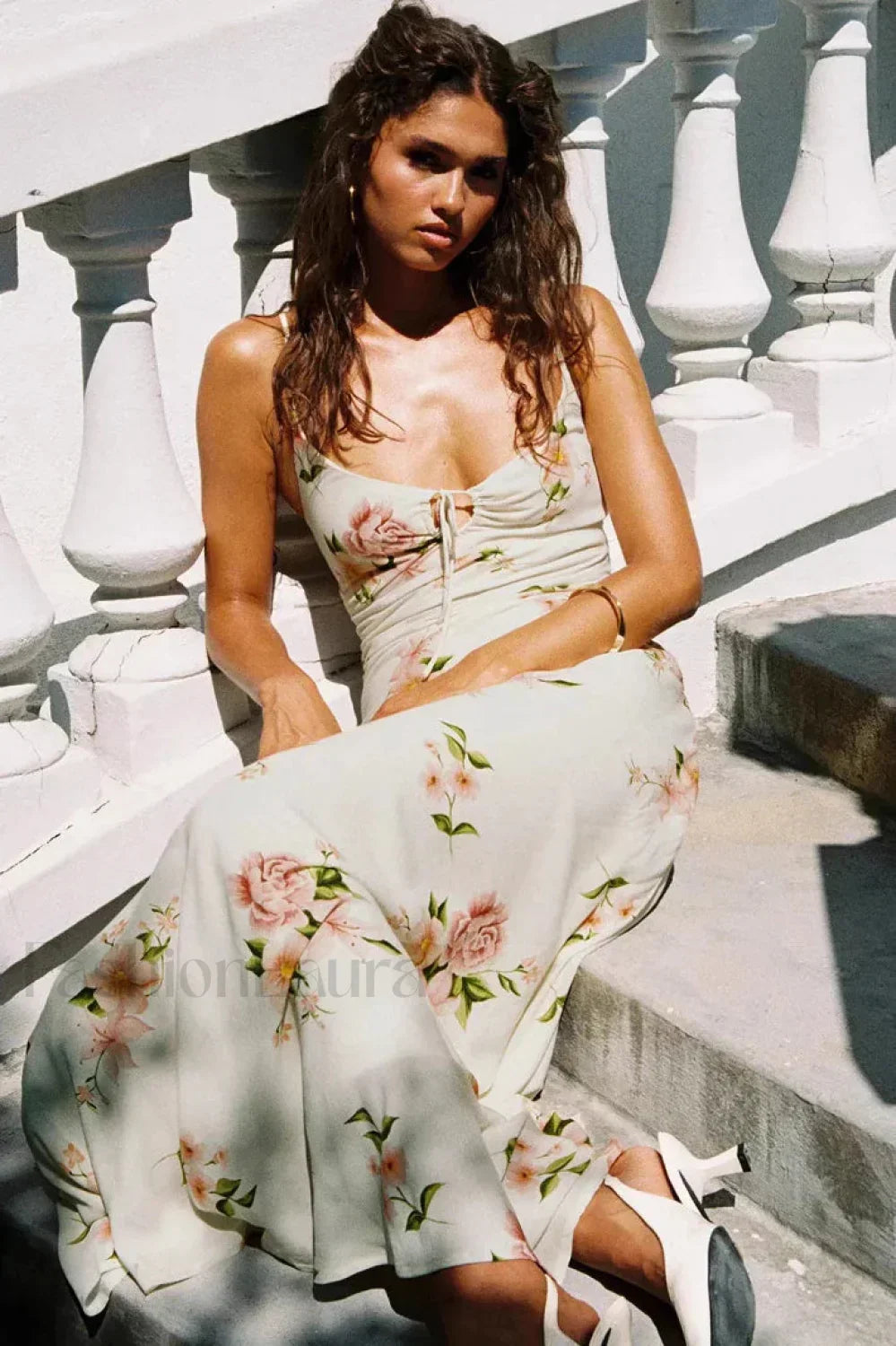 White V-Neck Lace-Up Floral Mermaid Fishtail Maxi Dress
