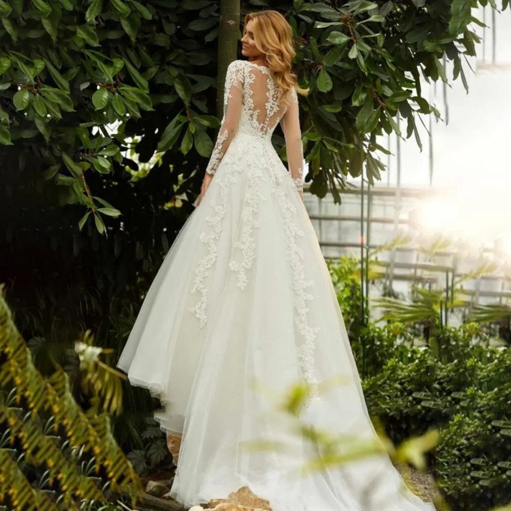 V-Neck Long Sleeve Sheer Wedding Dress