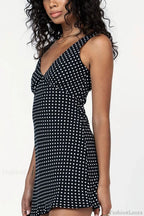 Black V-Neck Lace-Up Tie Waist Polka Dot Mini Dress