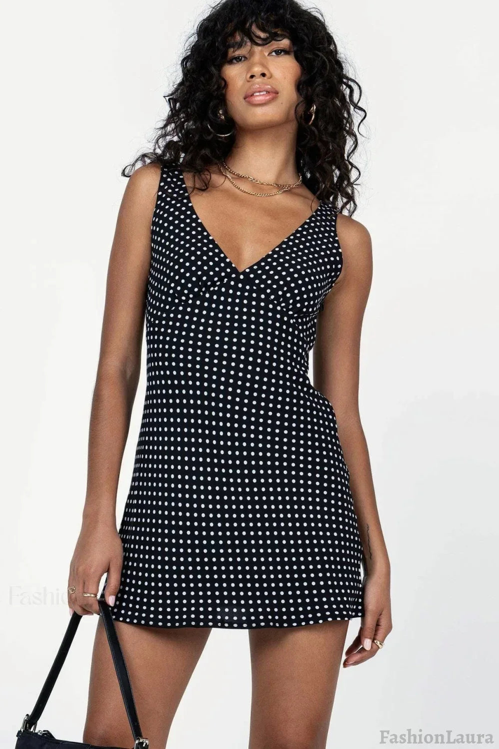 Black V-Neck Lace-Up Tie Waist Polka Dot Mini Dress