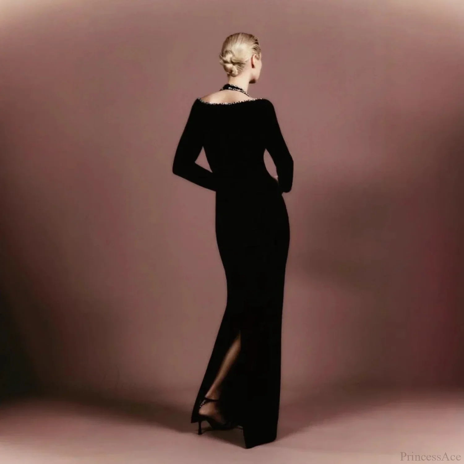 V-Neck Rhinestone Bandage Long Sleeve Fall Prom Dress