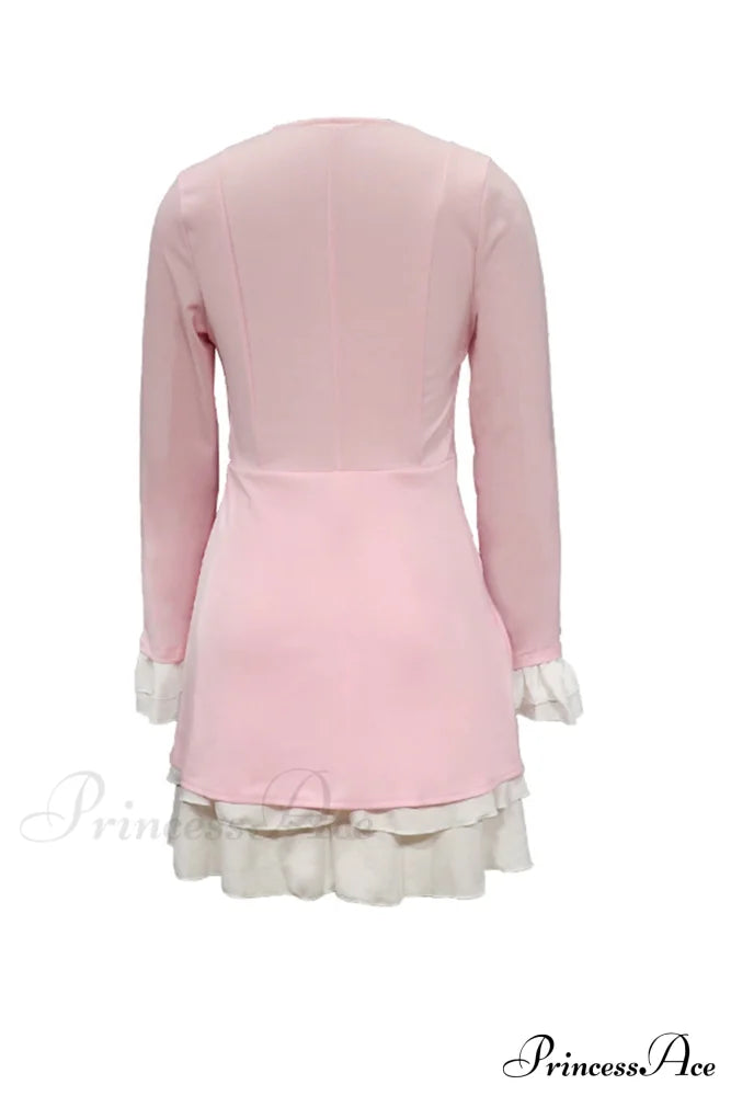 V Neck Ruffle Dress with Fake Two-Piece Design
