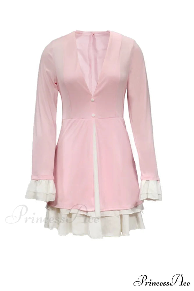 V Neck Ruffle Dress with Fake Two-Piece Design