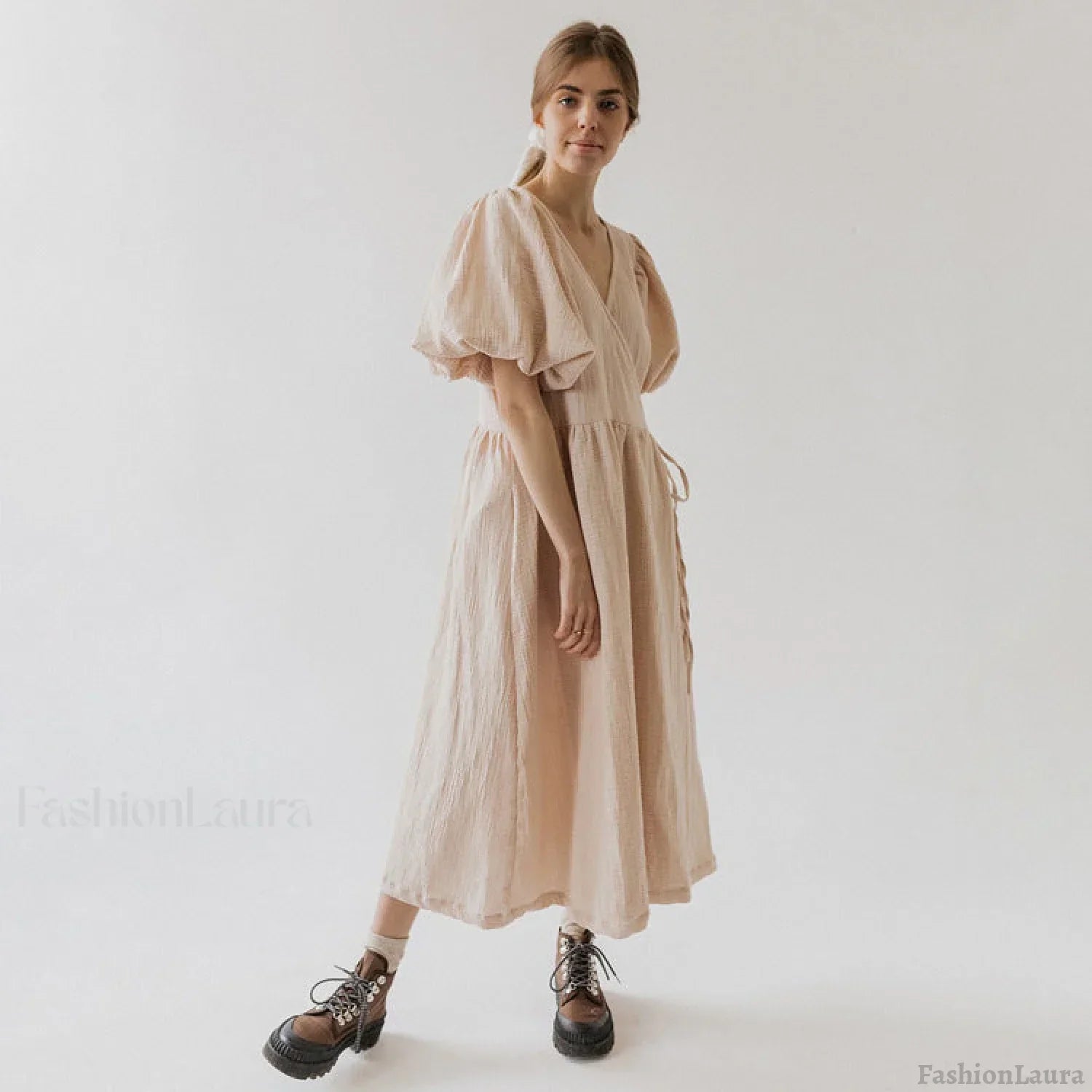 V-Neck Short Sleeve Lace-up Dress