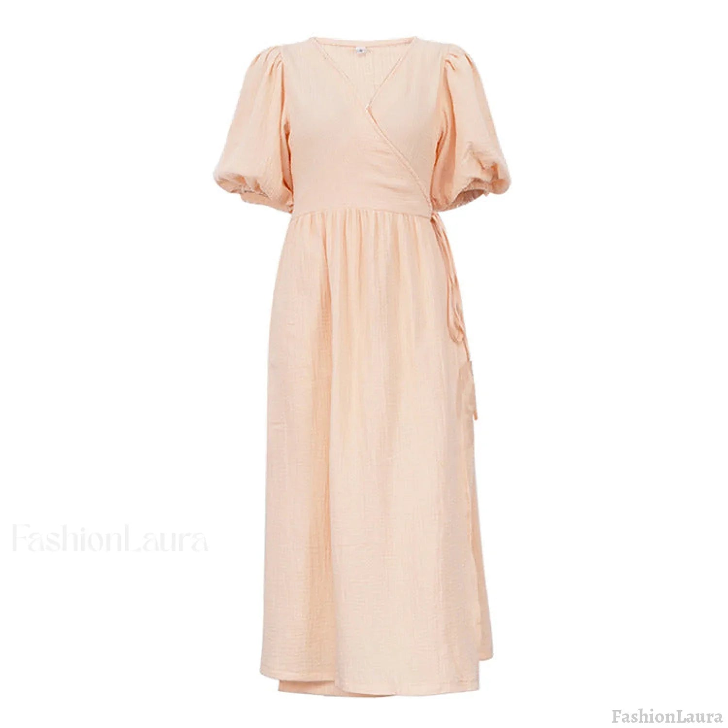 V neck Short Sleeve Lace up Dress French Office Solid Color Dress