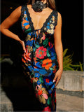 V-neck Slip Floral Satin Vacation Dress