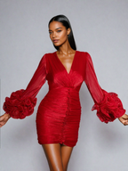 Metallic Wrap V-Neck Ruched Long Sleeve Rosette Cuff Bodycon Mini Dress