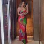Vacation Ready Abstract Print Fishtail Twist Trim Cut Out Halter Maxi Dress - Red