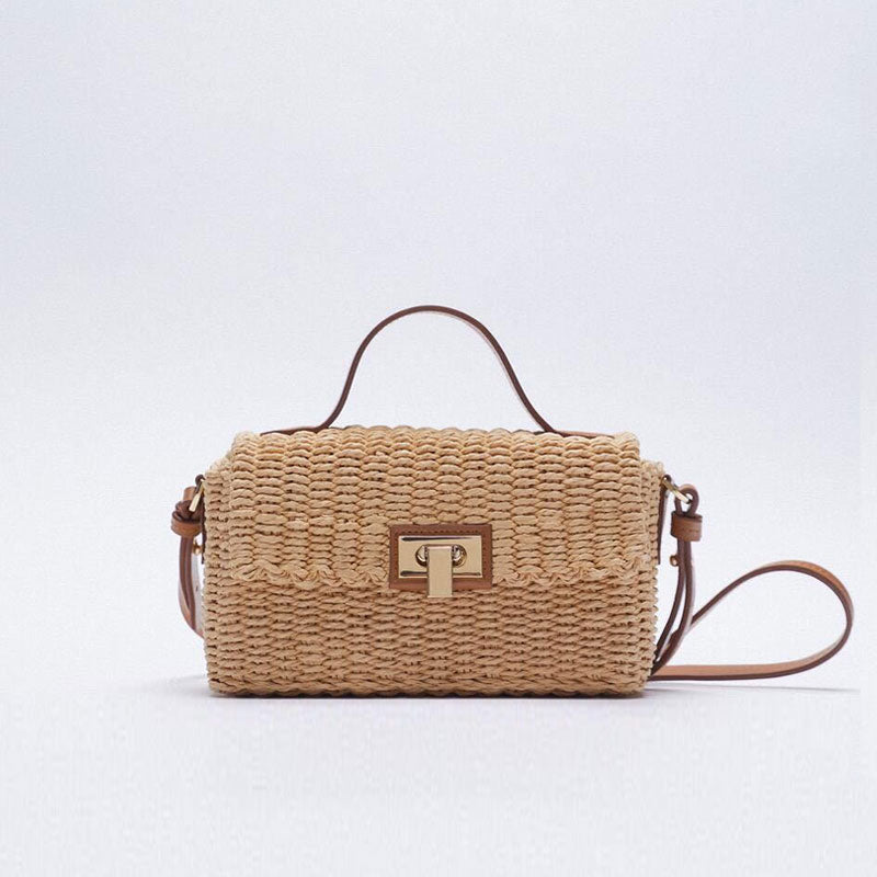 Woven Faux Leather Trim Crossbody Bag - Vacation Ready - Brown