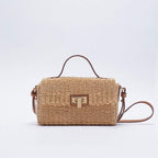 Woven Faux Leather Trim Crossbody Bag - Vacation Ready - Brown