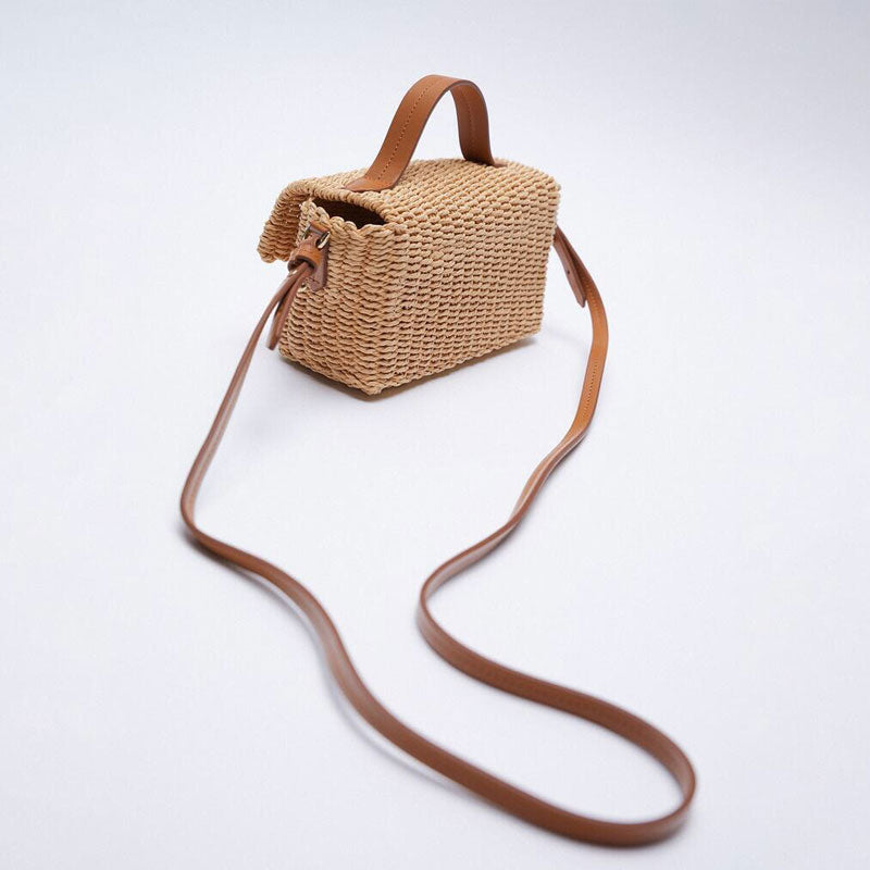 Woven Faux Leather Trim Crossbody Bag - Vacation Ready - Brown