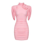 Arwen Mini Dress with 3D Flowers and Draped Shoulders