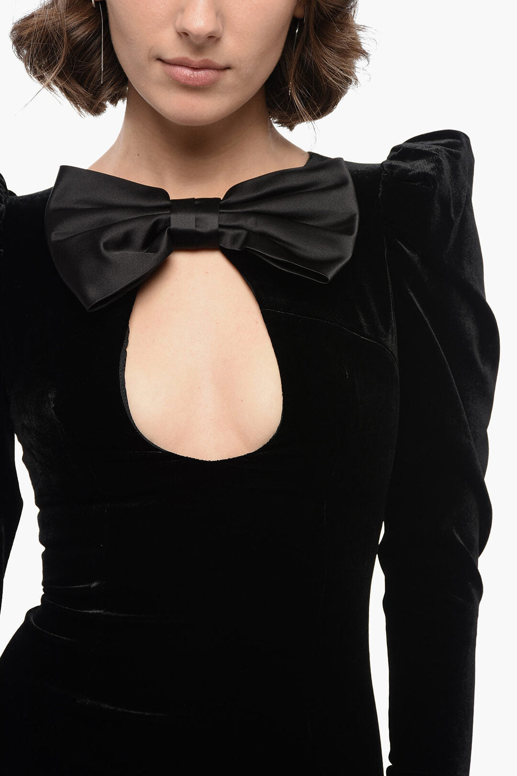 Velvet Puff Sleeve Oversized Bow Keyhole Mini Dress