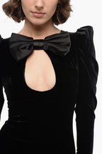 Velvet Puff Sleeve Oversized Bow Keyhole Mini Dress