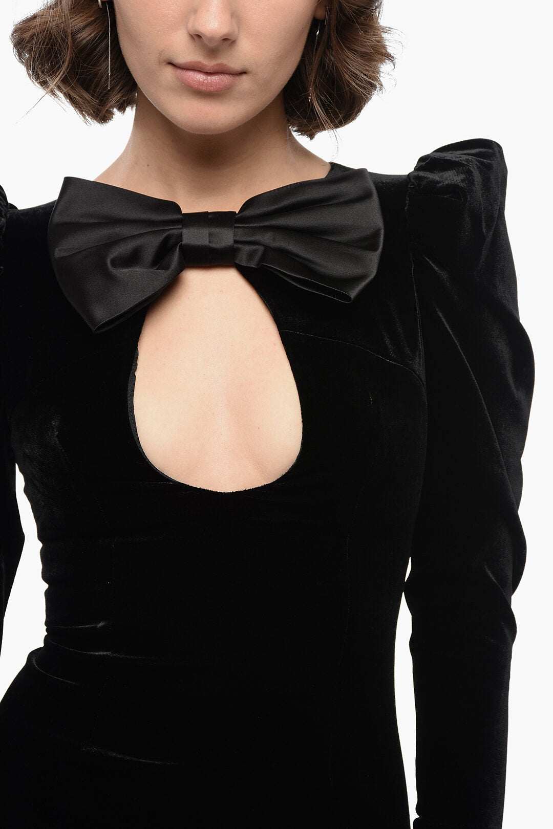 Velvet Puff Sleeve Oversized Bow Keyhole Mini Dress