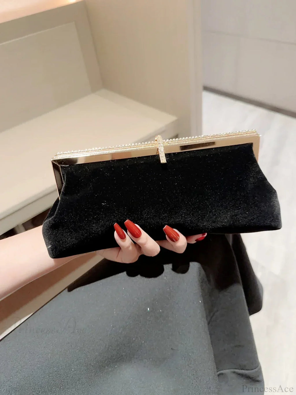 Velvet Fish Hook Rhinestone Decorated Evening Clutch Party Wedding Bag