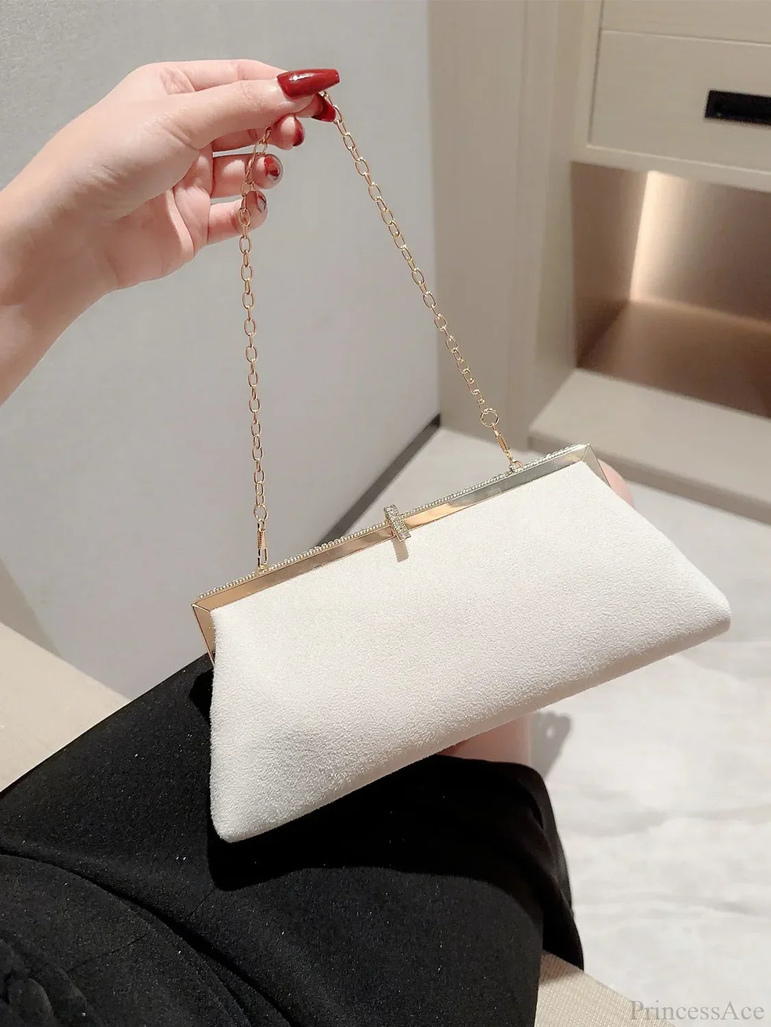 Velvet Fish Hook Rhinestone Decorated Evening Clutch Party Wedding Bag