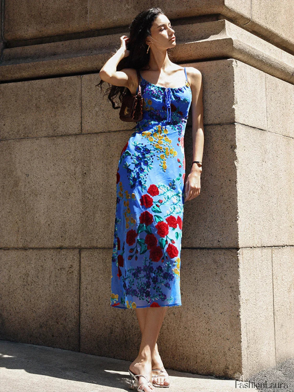 Blue Velvet Floral Appliqu Cami Dress