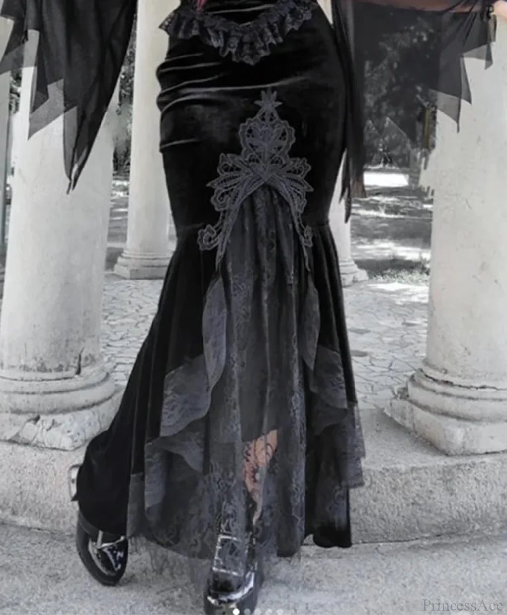 Velvet Lace Patchwork Trumpet Skirt