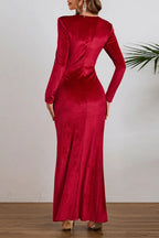 Velvet Long Sleeve Slit Elegant Party Dress